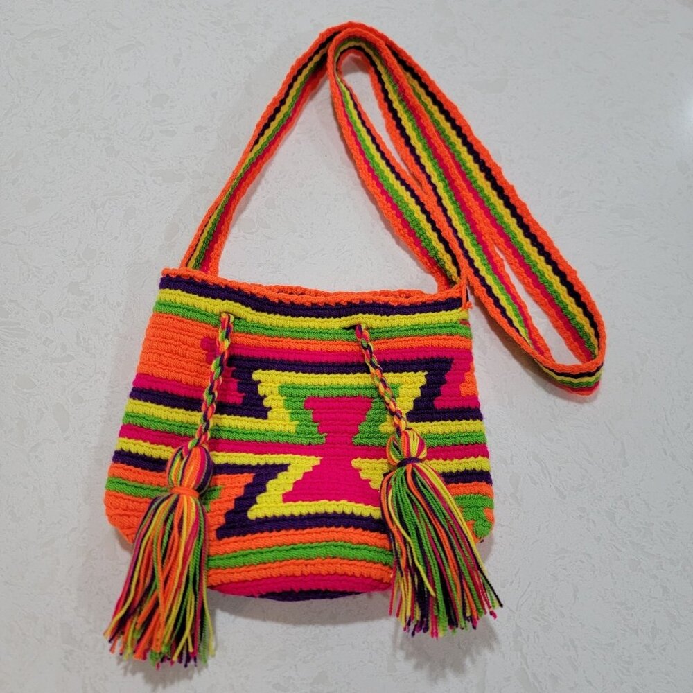 Bag Wayuu Mochila Bucket Boho Colombia Rioacha Neon Yellow Orange‎ Green Knit